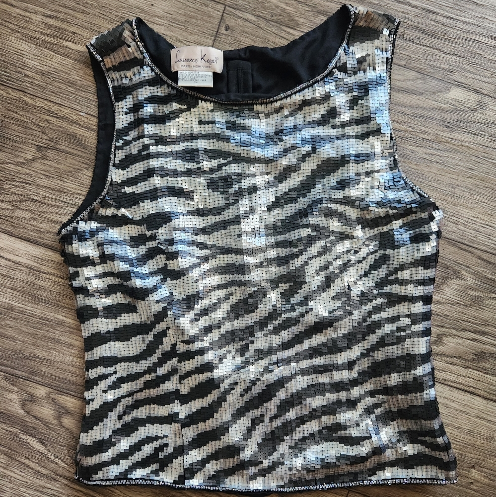 Laurence Kazar Sequin 100% Silk Black Silver Lined Party Tank Top Zebra Print